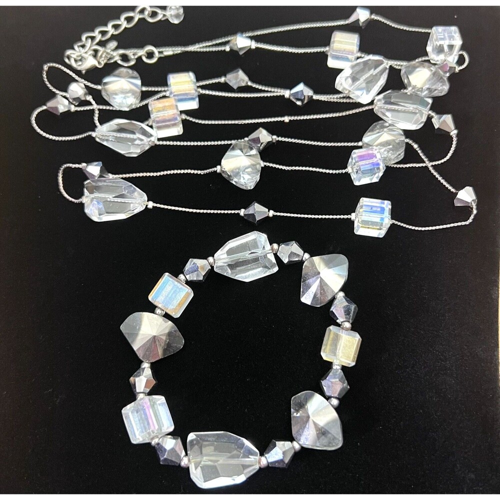 PREMIER DESIGNS Long Silver Tone Ice Crystal Bead Necklace and Bracelet 48" + 3"